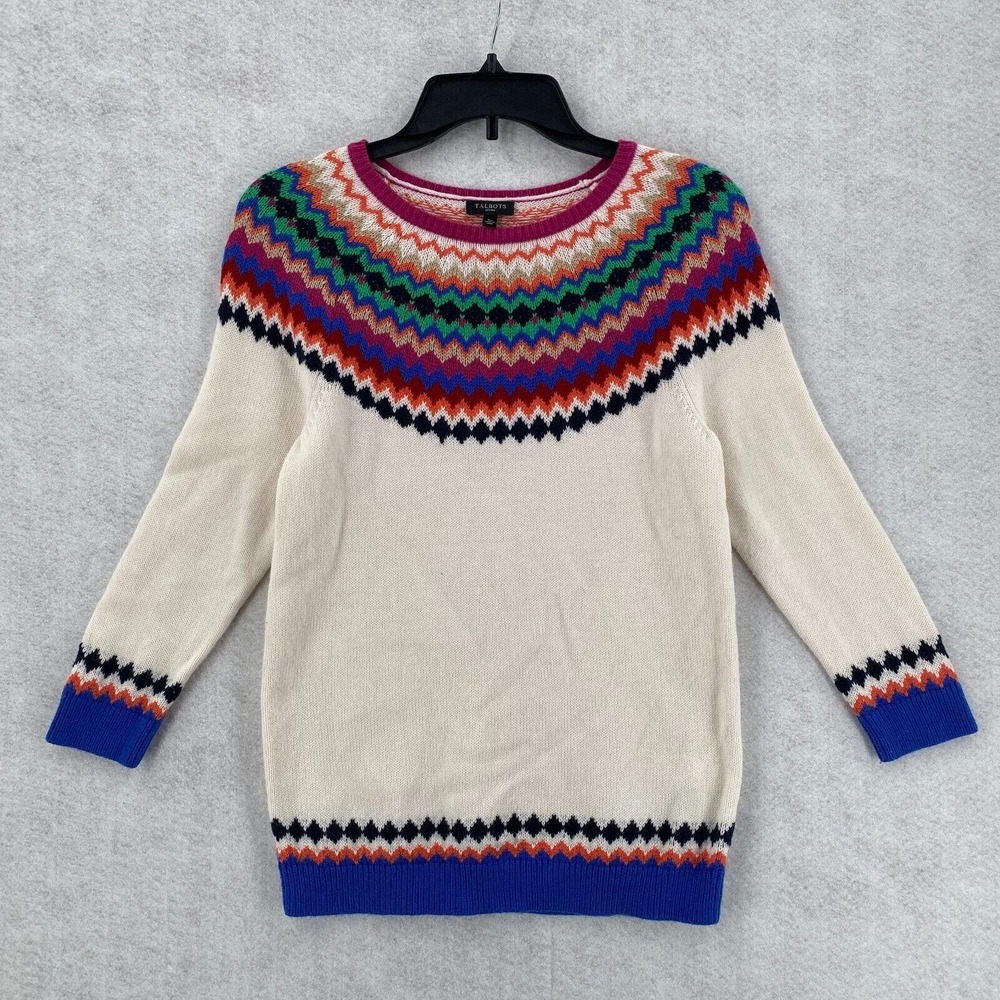Talbots Sweater Womens SP‎ Fair Isle Ski Pullover Ivory Colorful Lambswool